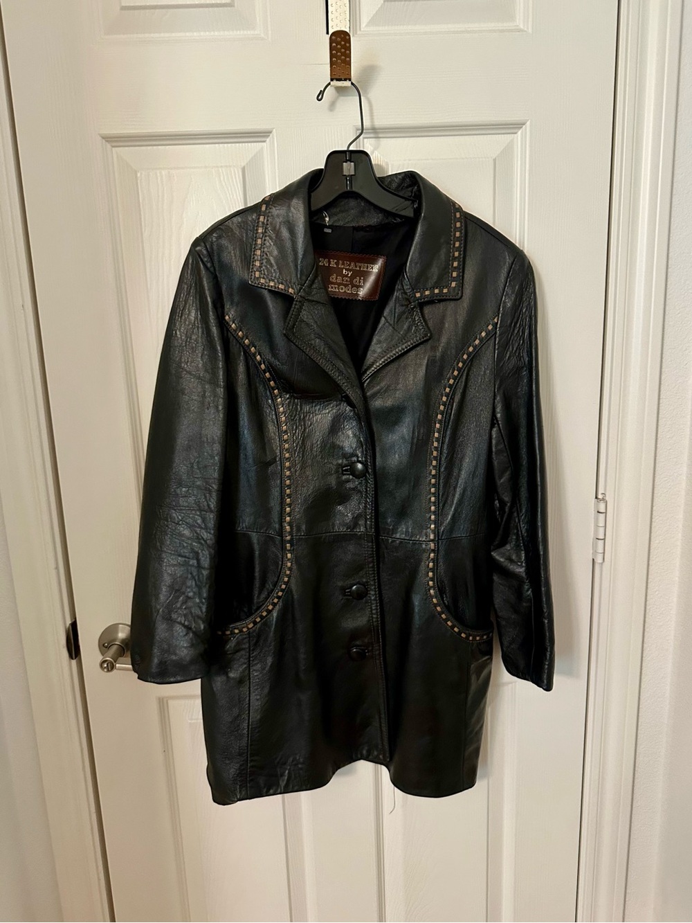 Vintage 24K Leather Dan Di Modes Black Leather Suede Belted Trench Coat 90s